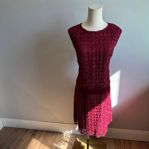 Eight Women's Lace Sleeveless Drop Waist Burgundy Midi Dress, SZ 14